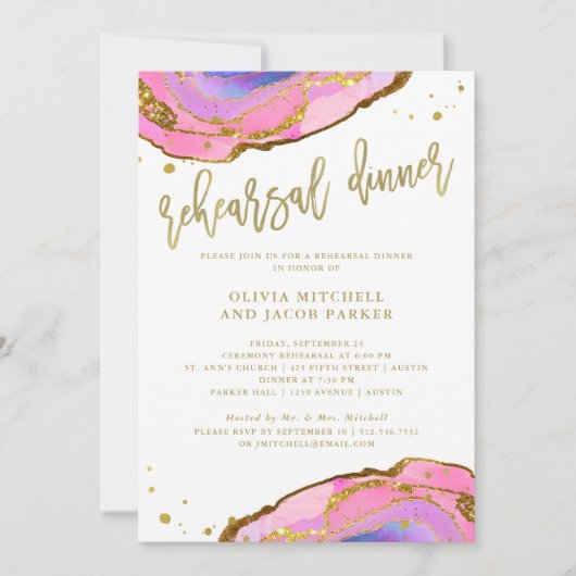 Roze en blauwe geode met goud | repetitiediner kaart (Voorkant)