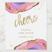 Roze en Blauwe Geode met Goud | Trouwproost Wijn Etiket (Enkel label)