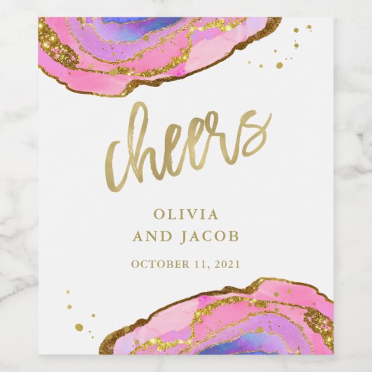 Roze en Blauwe Geode met Goud | Trouwproost Wijn Etiket