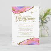 Roze en blauwe geode met gouden kruis | Doop Kaart (Staand voorkant)