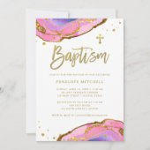 Roze en Blauwe Geode met Gouden Kruis | doop Kaart (Voorkant)