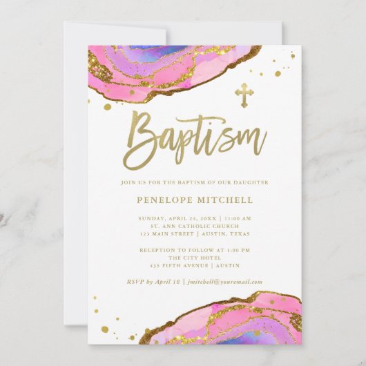Roze en Blauwe Geode met Gouden Kruis | doop Kaart (Voorkant)