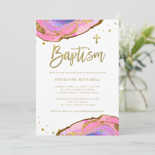 Roze en Blauwe Geode met Gouden Kruis | doop Kaart (Staand voorkant)