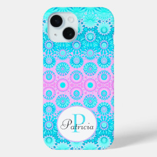Roze en Blauwe Geometrische Bloemen Aangepaste Mon iPhone 15 Case