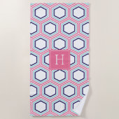 Roze en blauwe geometrische patronen en monogram strandlaken (Voorkant)