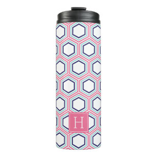 Roze en blauwe geometrische patronen en monogram thermosbeker