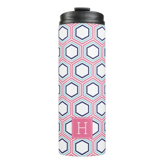 Roze en blauwe geometrische patronen en monogram thermosbeker (Voorkant)