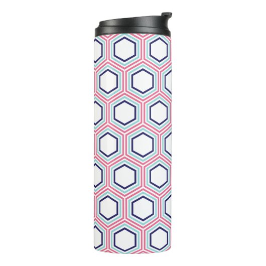 Roze en blauwe geometrische patronen en monogram thermosbeker (Gedraaid links)