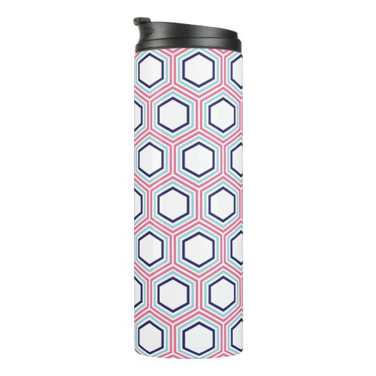 Roze en blauwe geometrische patronen en monogram thermosbeker (Geroteerd rechts)