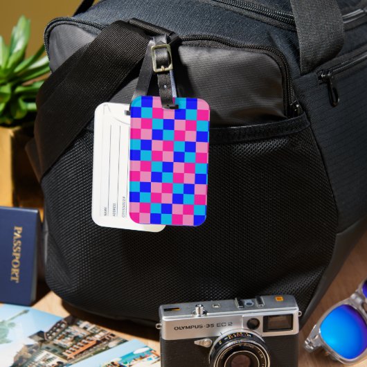 Roze en blauwe geruite print bagagelabel (Voorkant & Achterkant)