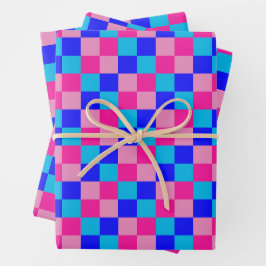 Roze en blauwe geruite print inpakpapier vel