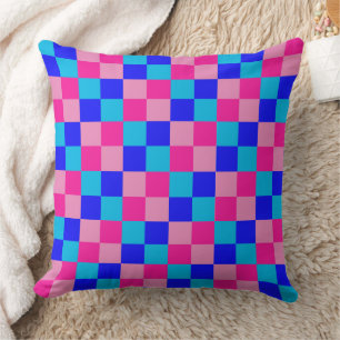 Roze en blauwe geruite print kussen