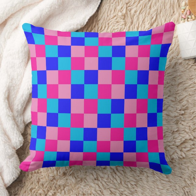 Roze en blauwe geruite print kussen (Deken)