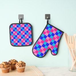 Roze en blauwe geruite print ovenwant & pannenlap set