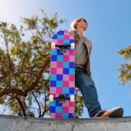 Roze en blauwe geruite print persoonlijk skateboard