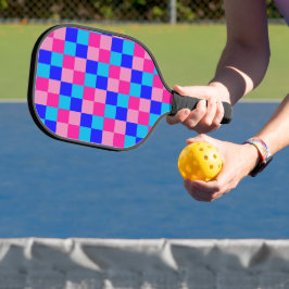 Roze en blauwe geruite print pickleball paddle