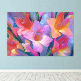 Roze en Blauwe Gladiolus Schilderij Abstracte Wand Canvas Afdruk