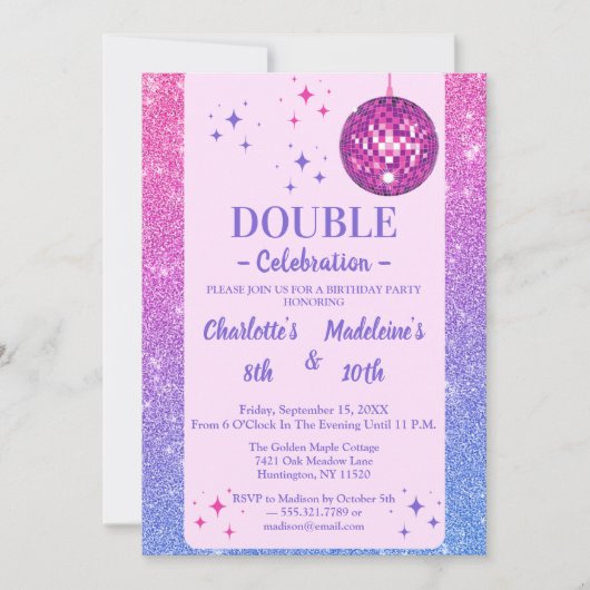 Roze en Blauwe Glitter Disco Gezamenlijke Verjaard Kaart (Voorkant)
