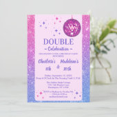 Roze en Blauwe Glitter Disco Gezamenlijke Verjaard Kaart (Staand voorkant)