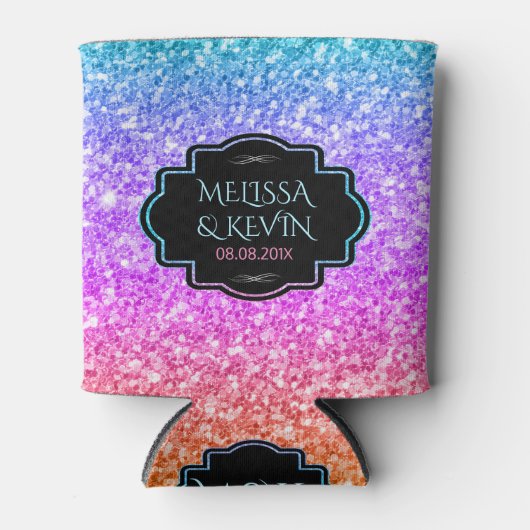 Roze en blauwe glitter, zwarte Lijst bruiloft Sjab Blikjeskoeler (Voorkant)