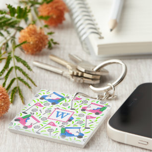 Roze en Blauwe Golfkarpatroon Preppy Monogram Sleutelhanger