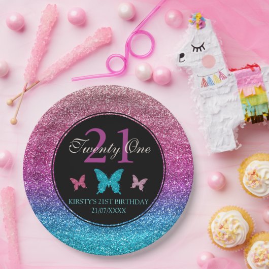 Roze en blauwe gradiënt Glitter & Butterfly Birthd Papieren Bordje (Feest)