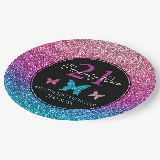 Roze en blauwe gradiënt Glitter & Butterfly Birthd Papieren Bordje (Gekanteld)