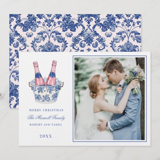 Roze en Blauwe Grandmillennial Champagne Wedding Kaart (Voorkant / Achterkant)