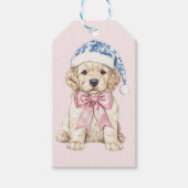Roze en Blauwe Grandmillennial Christmas Puppy Cadeaulabel (Voorkant)