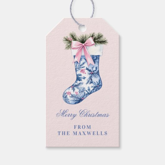 Roze en Blauwe Grandmillennial Christmas Stocking Cadeaulabel (Voorkant)
