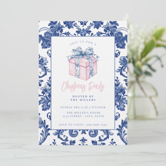 Roze en Blauwe Grandmillennial Damask Cadeau Kaart (Staand voorkant)