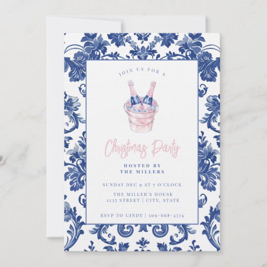 Roze en Blauwe Grandmillennial Damask Champagne Kaart (Voorkant)