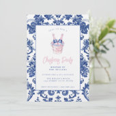Roze en Blauwe Grandmillennial Damask Champagne Kaart (Staand voorkant)