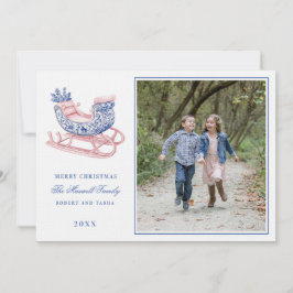 Roze en Blauwe Grandmillennial Damask Sleigh Kaart