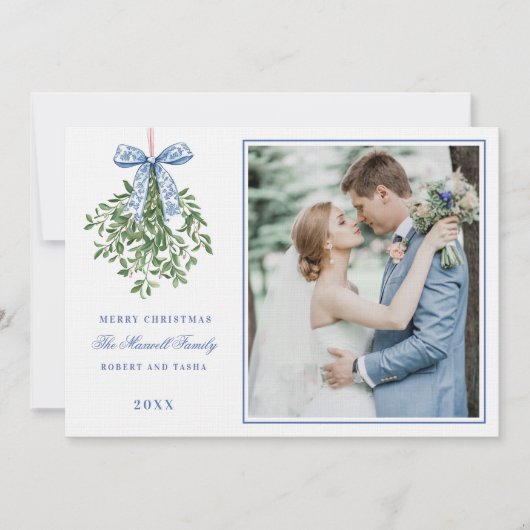 Roze en Blauwe Grandmillennial Mistletoe Kaart (Voorkant)