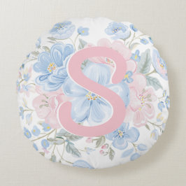 Roze en Blauwe Grandmillennial Reversible Monogram Rond Kussen