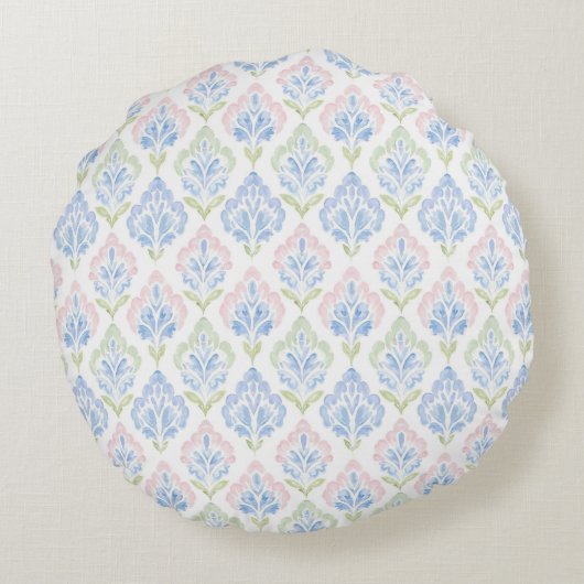 Roze en Blauwe Grandmillennial Reversible Monogram Rond Kussen (Achterkant)