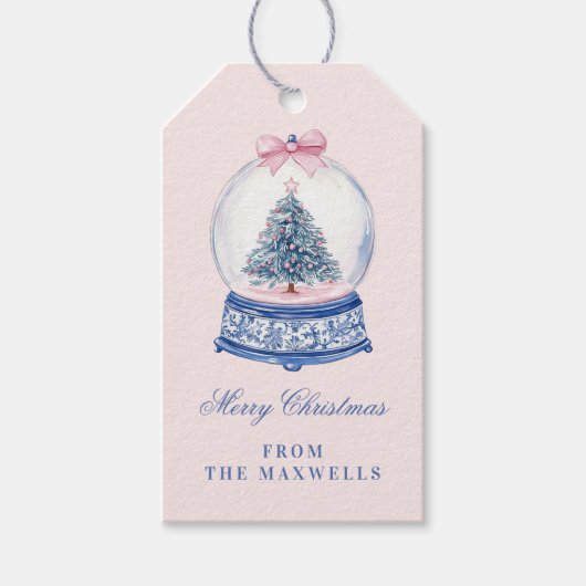 Roze en Blauwe Grandmillennial Snow Wereldbol Cadeaulabel (Voorkant)