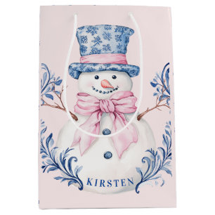 Roze en blauwe Grandmillennial Snowman Medium Cadeauzakje