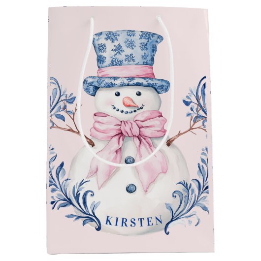 Roze en blauwe Grandmillennial Snowman Medium Cadeauzakje (Voorkant)