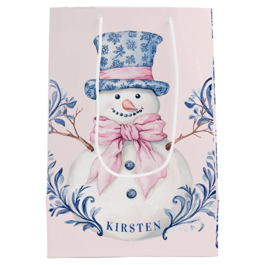 Roze en blauwe Grandmillennial Snowman Medium Cadeauzakje (Achterkant)