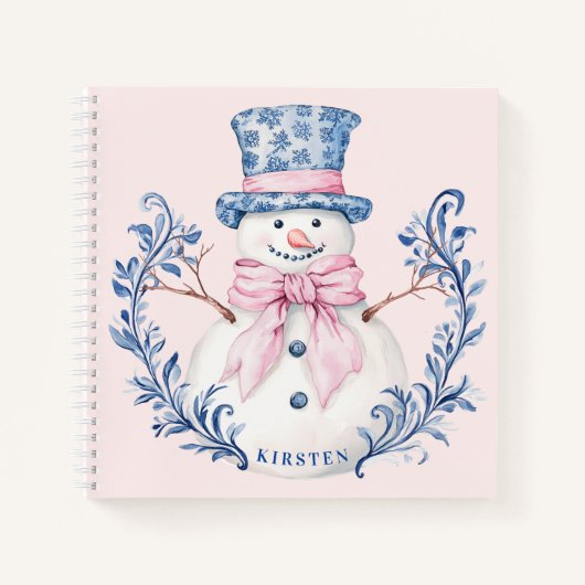 Roze en blauwe Grandmillennial Snowman Notitieboek (Voorkant)