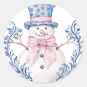 Roze en blauwe Grandmillennial Snowman Ronde Sticker (Voorkant)