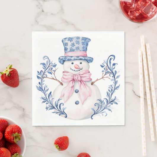 Roze en blauwe Grandmillennial Snowman Servet (Insitu)