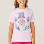 Roze en blauwe Grandmillennial Snowman T-shirt (Voorkant)