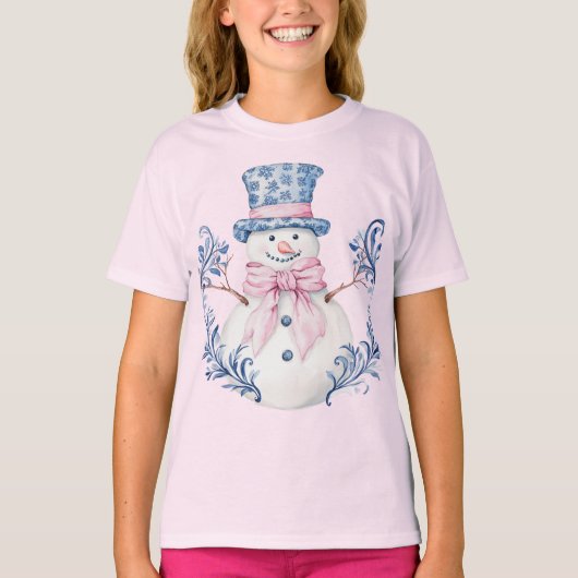 Roze en blauwe Grandmillennial Snowman T-shirt (Voorkant)