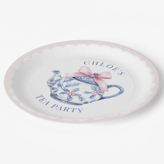 Roze en blauwe Grandmillennial Tea Party Papieren Bordje (Gekanteld)