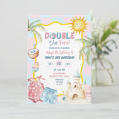 Roze en Blauwe Groovy Pastel Sibling Beach Verjaar Kaart (Staand voorkant)