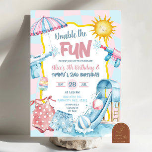 Roze en Blauwe Groovy Pastel Verjaardag Zwembad Kaart