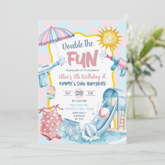 Roze en Blauwe Groovy Pastel Verjaardag Zwembad Kaart (Staand voorkant)